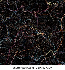 Map of Remscheid, North Rhine-Westphalia with all major and minor roads, railways and waterways. Colorful line art on black background.