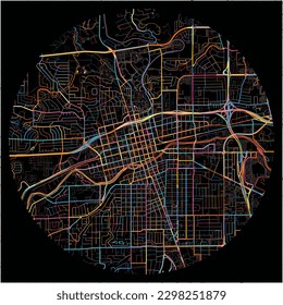 Map of Reno, Nevada with all major and minor roads, railways and waterways. Colorful line art on black background.