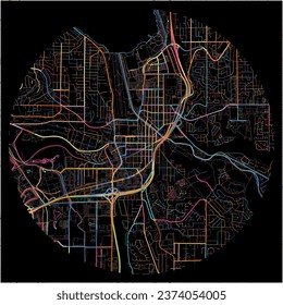 Map of Renton, Washington with all major and minor roads, railways and waterways. Colorful line art on black background.