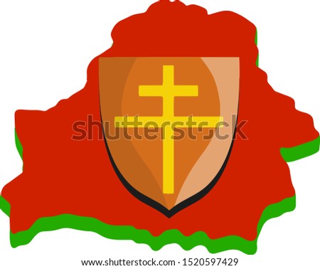 Map of Republic of Belarus in national red and green color of flag. Symbol and emblem of country. Eastern european. Cartoon flat illustration. Gold cross of Lorraine on shield. Medieval coat of arms