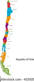 Map of the Republic of Chile with the regions colored in bright colors and the main cities.