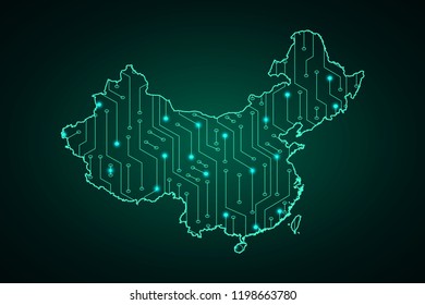 Map of Republic of China, network line, design sphere, dot and structure on dark background with Map Republic of China, Circuit board. Vector illustration. Eps 10