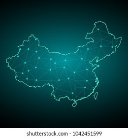 Map of Republic of China from Polygonal wire frame low poly mesh, contours network line, luminous space stars, design sphere, dot and structure. Vector Illustration EPS10.