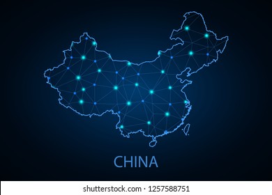 Map of Republic of China from Polygonal wire frame low poly mesh, contours network line, luminous space stars, design sphere, dot and structure. Vector Illustration EPS10. - Vector