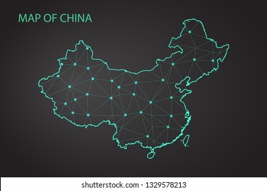 Map of Republic of China from Polygonal wire frame low poly mesh, contours network line, luminous space stars, design sphere, dot and structure. Vector Illustration EPS10. - Vector