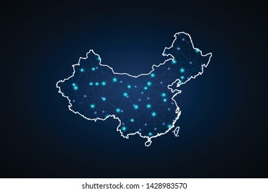 Map of Republic of China from Polygonal wire frame low poly mesh, contours network line, luminous space stars, design sphere, dot and structure. Vector Illustration EPS10. - Vector