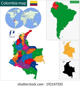 Map of the Republic of Colombia with the regions colored in bright colors and the main cities