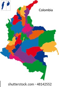 Map of the Republic of Colombia with the regions colored in bright colors