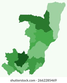 Mapa da República do Congo com regiões. Apenas um simples mapa de fronteira de país com divisão de região. Paleta de cores verde. Forma simples da República do Congo com divisão administrativa.