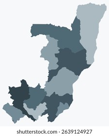 Map of the Republic of the Congo with regions. A simple country border map with region division in a blue-grey color palette. Plain Republic of the Congo shape with administrative division.