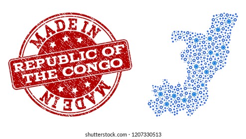 Map of Republic of the Congo vector mosaic and Made In grunge stamp. Map of Republic of the Congo formed with blue gear relations. Made in red seal with grunge rubber texture.