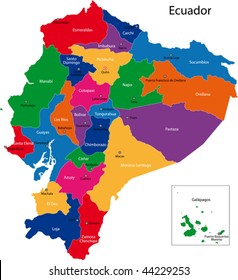 Map of the Republic of Ecuador with the regions colored in bright colors and the main cities.