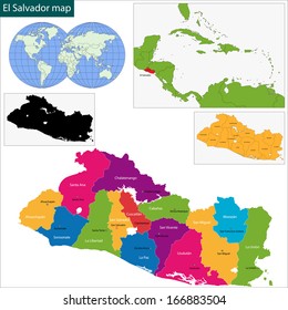 Map of the Republic of El Salvador with the departments