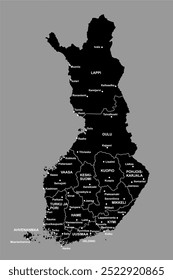 Mapa de la República de Finlandia con límites regionales detallados y descripciones regionales, en negro aislado sobre un fondo gris. Formato EPS editable y escalable