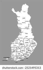 Mapa de la República de Finlandia con límites territoriales detallados y descripciones de la región, en blanco aislado sobre un fondo gris. Formato EPS editable y escalable