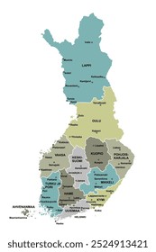 Mapa de la República de Finlandia con límites territoriales detallados y descripciones regionales, coloreado en base a límites regionales aislados sobre un fondo gris. Formato EPS editable y escalable