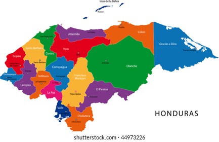 Map of the Republic of Honduras with the departments colored in bright colors and the main cities