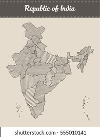 Map of the Republic of India with separable borders, hand drawn vector illustration, sketch