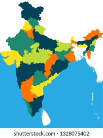 Map of the Republic of India with the states colored vector in bright colors