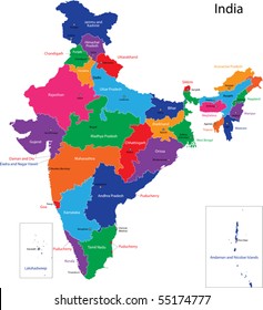 Map of the Republic of India with the states colored in bright colors