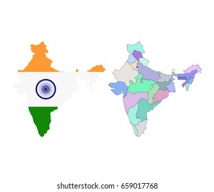 Map of the Republic of India with the states colored in bright colors and national flag. India map. Isolated on white. Vector illustration.