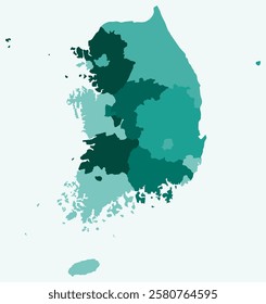 Map of Republic of Korea with regions. Just a simple country border map with region division. Teal color palette. Plain Republic of Korea shape with administrative division. Vector illustration.