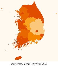 Map of Republic of Korea with regions. Just a simple country border map with region division. Orange color palette. Plain Republic of Korea shape with administrative division. Vector illustration.
