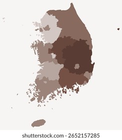 Map of Republic of Korea with regions. Just a simple country border map with region division. Brown color palette. Flat Republic of Korea shape with administrative division. Vector illustration.
