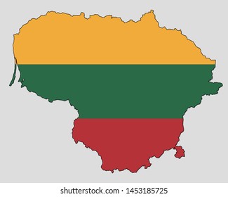 Map Of The Republic Of Lithuania, Filled with the National Flag 