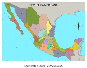 Map of the Republic of Mexico or Mexico, with names with colors and degrees 