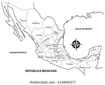 Map of the Republic of Mexico or Mexico, with names on a white background