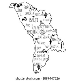 Mapa de la República de Moldavia con elementos dibujados a mano y letras. Ilustración vectorial para póster y postal.