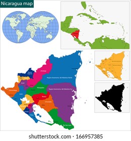 Map of the Republic of Nicaragua with the departments