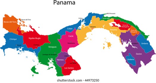 Map of the Republic of Panama with the provinces colored in bright colors and the main cities