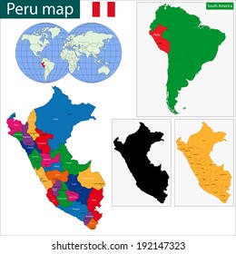 Map of the Republic of Peru with the regions colored in bright colors and the main cities