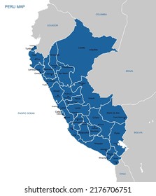 Map of the Republic of Peru with the regions colored in bright colors and the main cities.