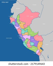 Map of the Republic of Peru with the regions colored in bright colors and the main cities.