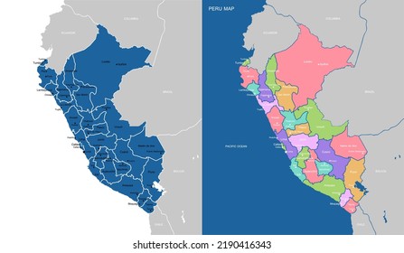 Map of the Republic of Peru with the regions colored in bright colors and the main cities.