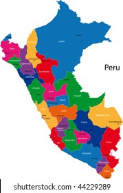 Map of the Republic of Peru with the regions colored in bright colors and the main cities.