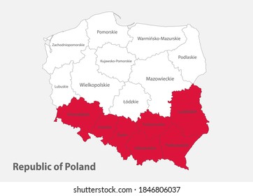 Mapa de la República de Polonia en los colores de la bandera Eslovaquia con vector de divisiones administrativas