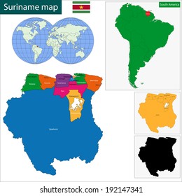 Map of the Republic of Suriname with the districts colored in bright colors and the main cities