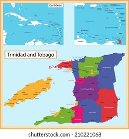 Map of the the Republic of Trinidad and Tobago drawn with high detail and accuracy. Trinidad and Tobago is divided into corporations which are colored with different bright colors