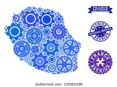 Map of Reunion Island created with blue engine items, and isolated scratched watermarks for official repair services.