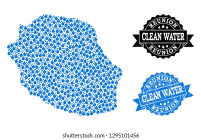 Map of Reunion Island vector mosaic and clean water grunge stamp. Map of Reunion Island designed with blue liquid tears. Seal with scratched rubber texture for clean drinking water.