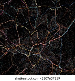 Map of Reutlingen, Baden-Wuerttemberg with all major and minor roads, railways and waterways. Colorful line art on black background.