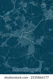 Map of Reutlingen, Germany, rendered in a minimalist style. The map is dominated by a deep teal blue background, with white lines representing roads, streets, and waterways.