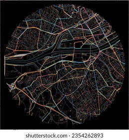 Map of Reze, Loire-Atlantique with all major and minor roads, railways and waterways. Colorful line art on black background.