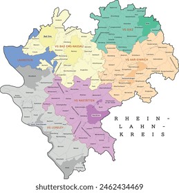 Mapa del distrito de Rhein-Lahn-Kreis Estado de Renania-Palatinado en la República Federal de Alemania. La capital es Bad Ems