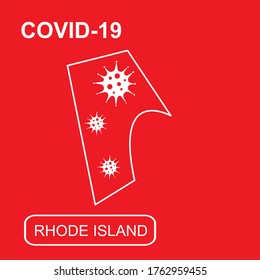 Map of Rhode Island State labeled "COVID-19". White outline map on a red background. Vector illustration of a virus, coronavirus, epidemiology.