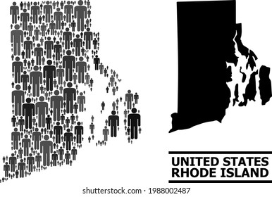 Mapa del estado de Rhode Island para agitación social. Abstracción de la nación vector. Mapa conceptual del estado de Rhode Island compuesto por íconos de la población. Concepto demográfico en tonos grises oscuros.